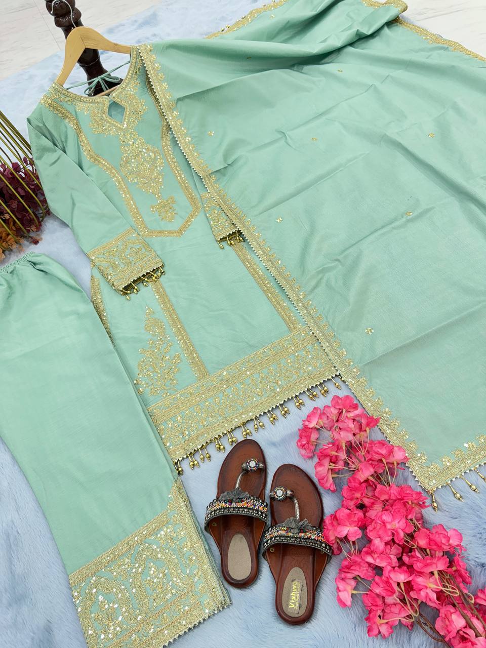 Sky Blue Premium Designer Ready-to-Wear Top, Plazzo & Dupatta Set
