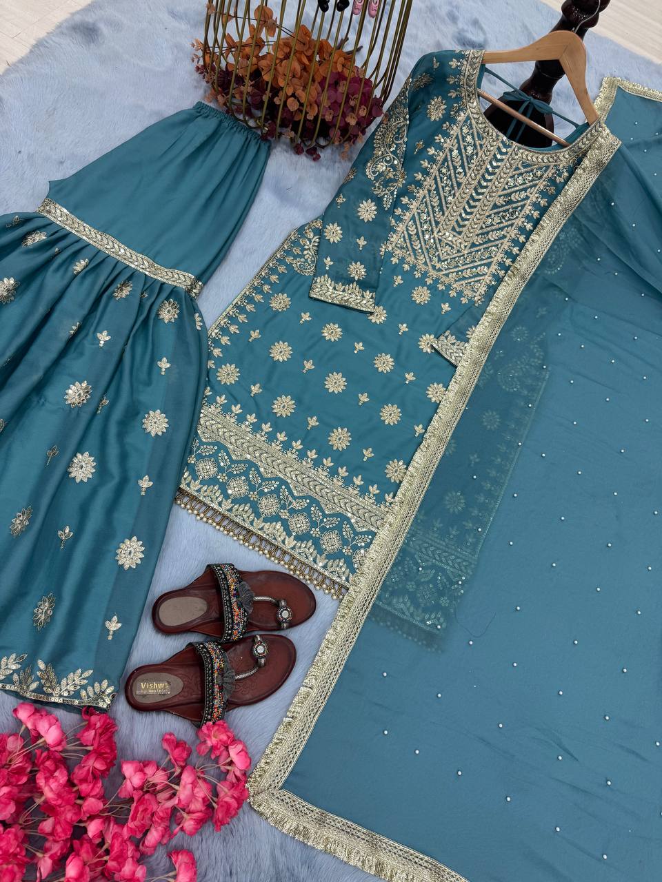 Sky Blue Premium Designer Readymade Georgette Top, Sharara, Dupatta Set