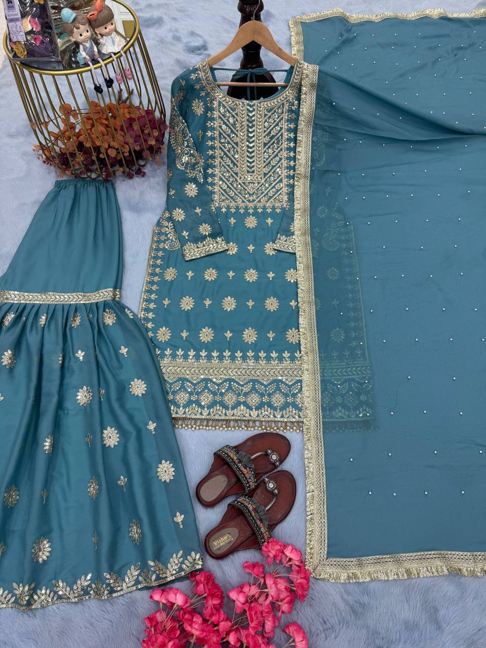 Sky Blue Premium Designer Readymade Georgette Top, Sharara, Dupatta Set