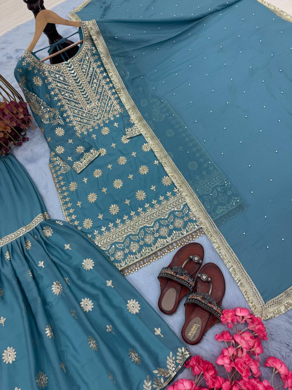 Sky Blue Premium Designer Readymade Georgette Top, Sharara, Dupatta Set