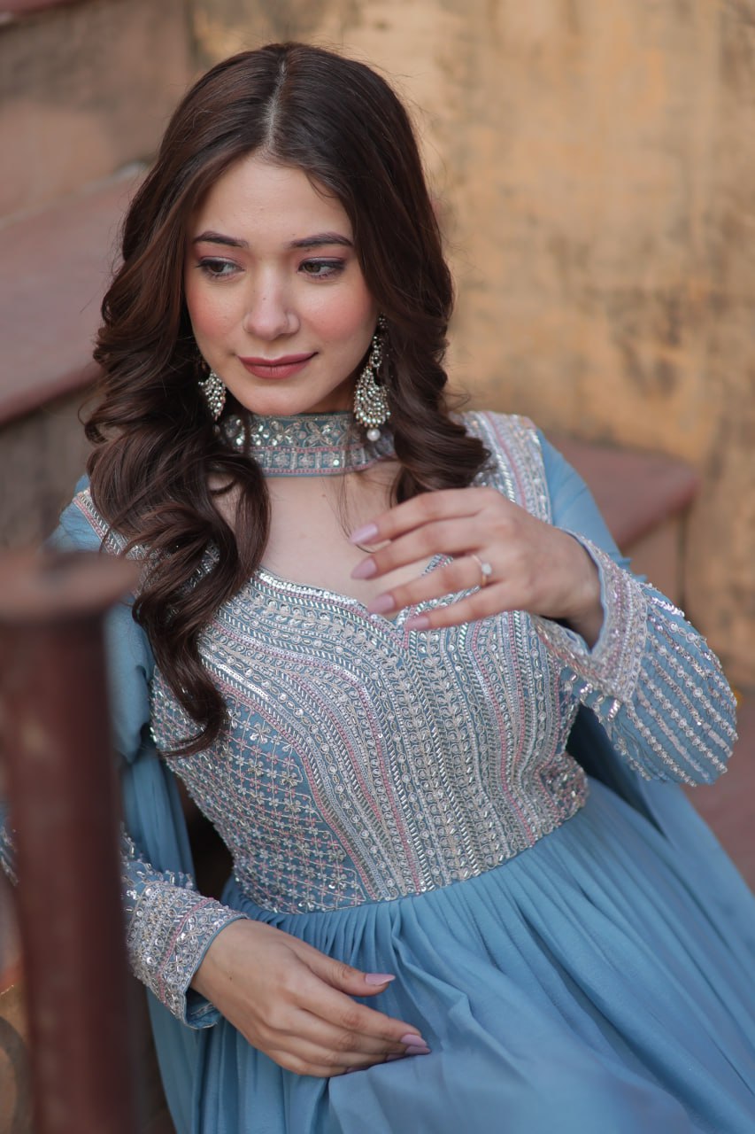 Sky Blue Premium Designer Readymade Gown with Dupatta