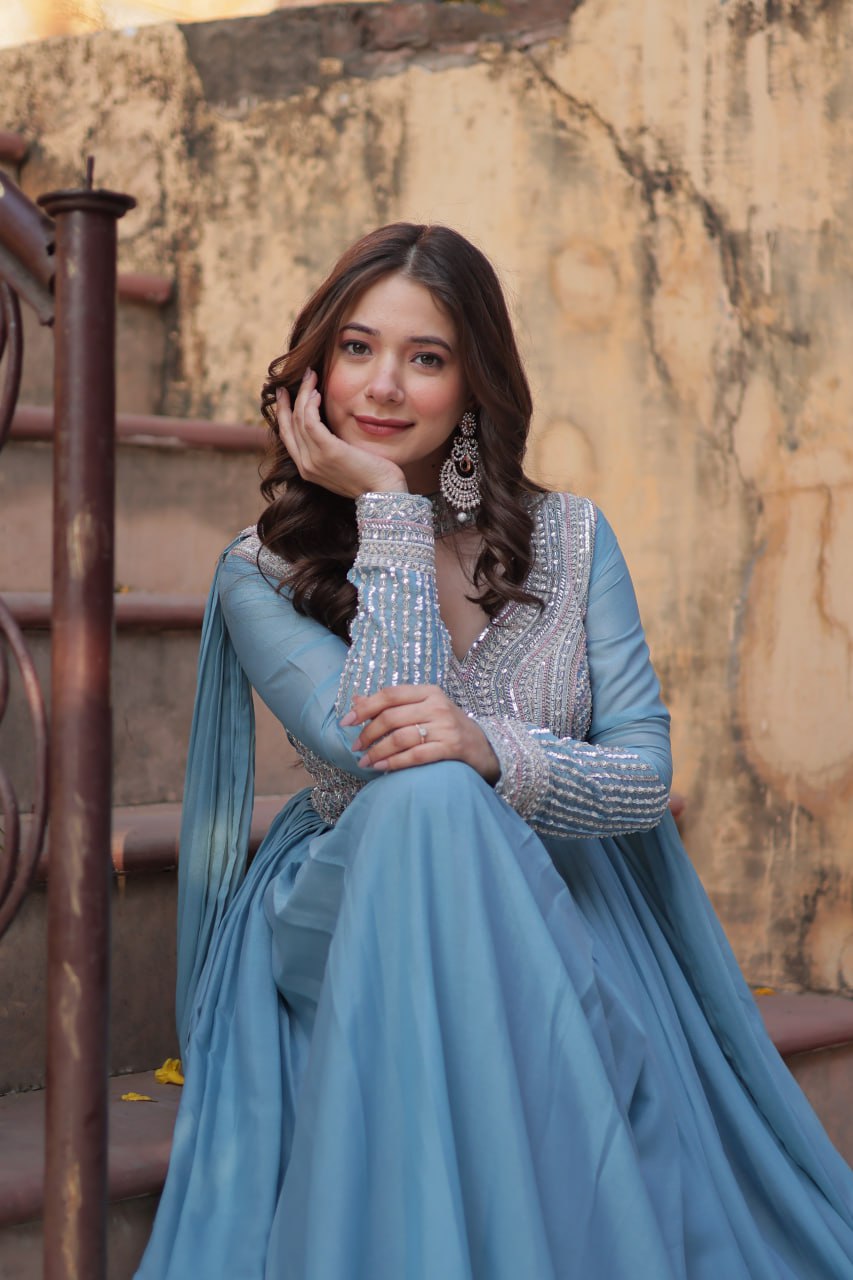 Sky Blue Premium Designer Readymade Gown with Dupatta