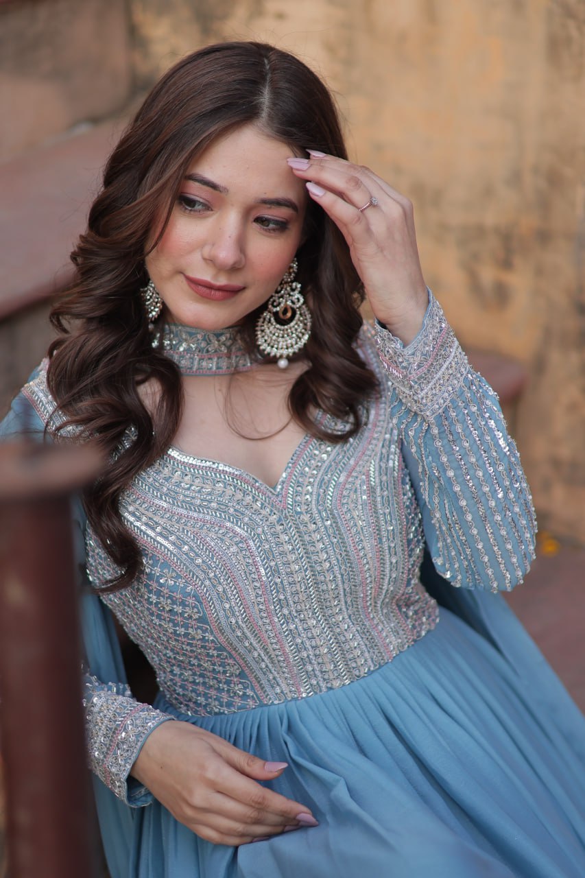 Sky Blue Premium Designer Readymade Gown with Dupatta