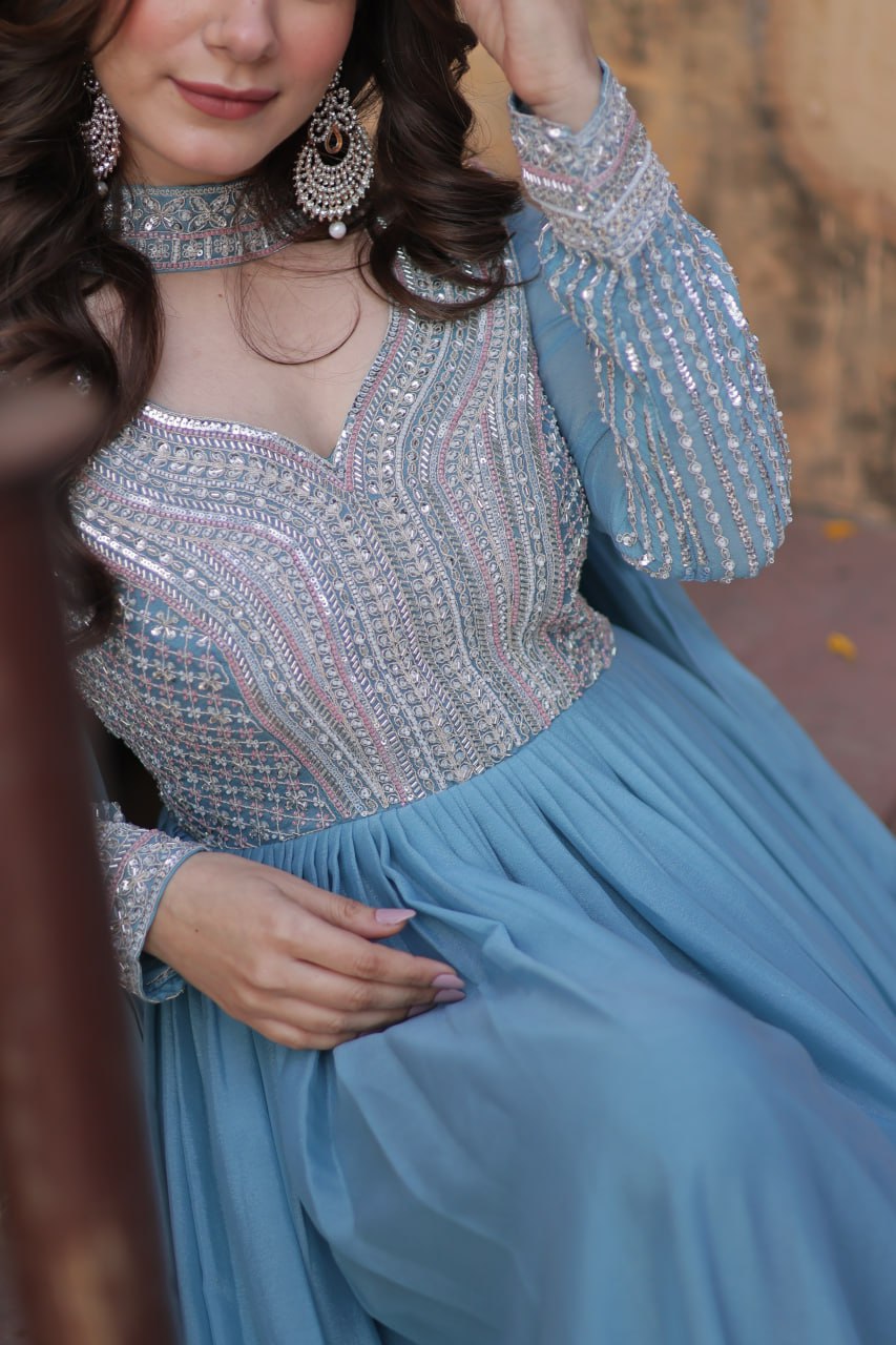 Sky Blue Premium Designer Readymade Gown with Dupatta