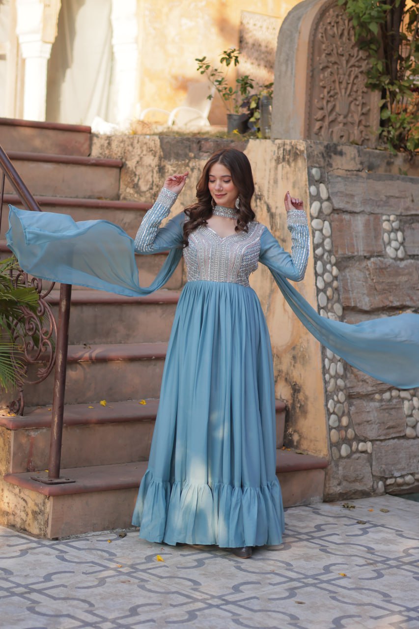 Sky Blue Premium Designer Readymade Gown with Dupatta