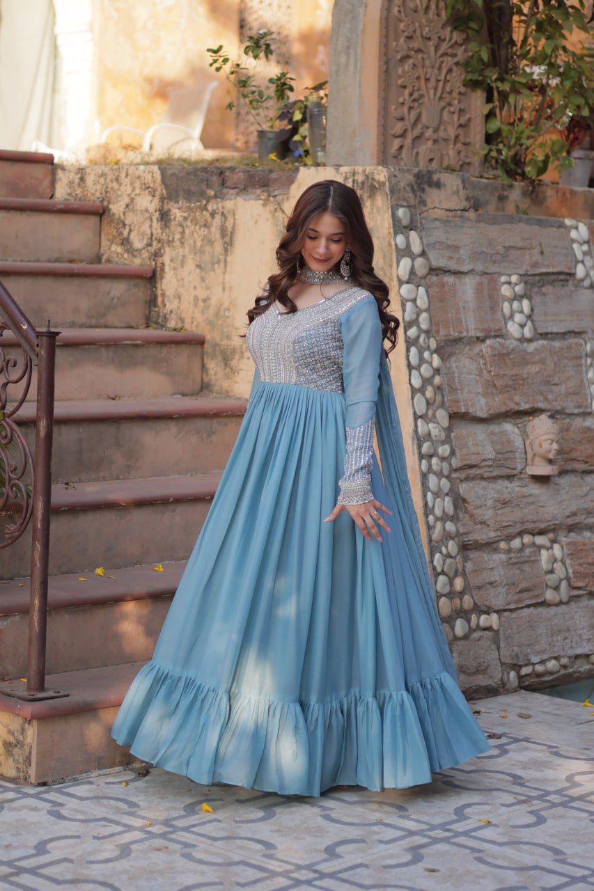 Sky Blue Premium Designer Readymade Gown with Dupatta
