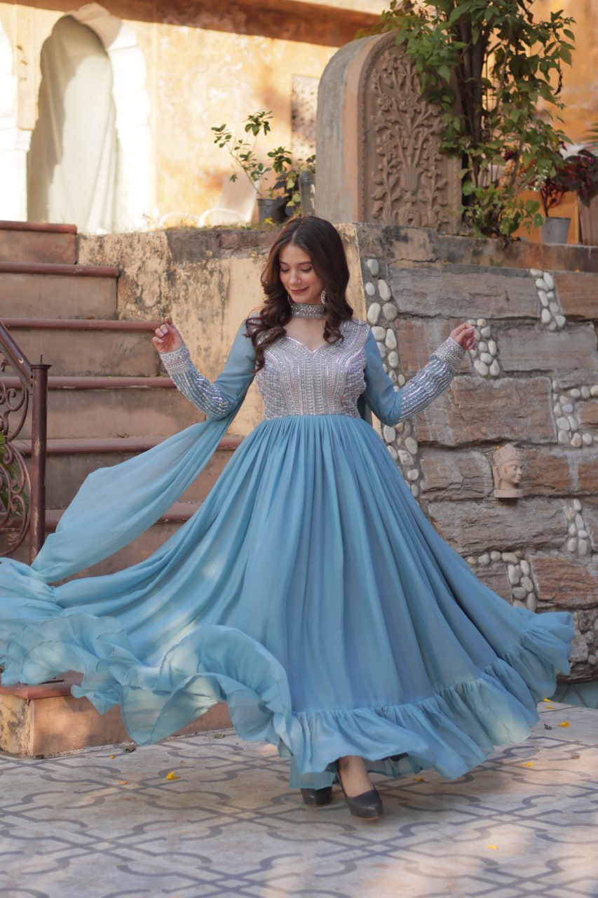 Sky Blue Premium Designer Readymade Gown with Dupatta