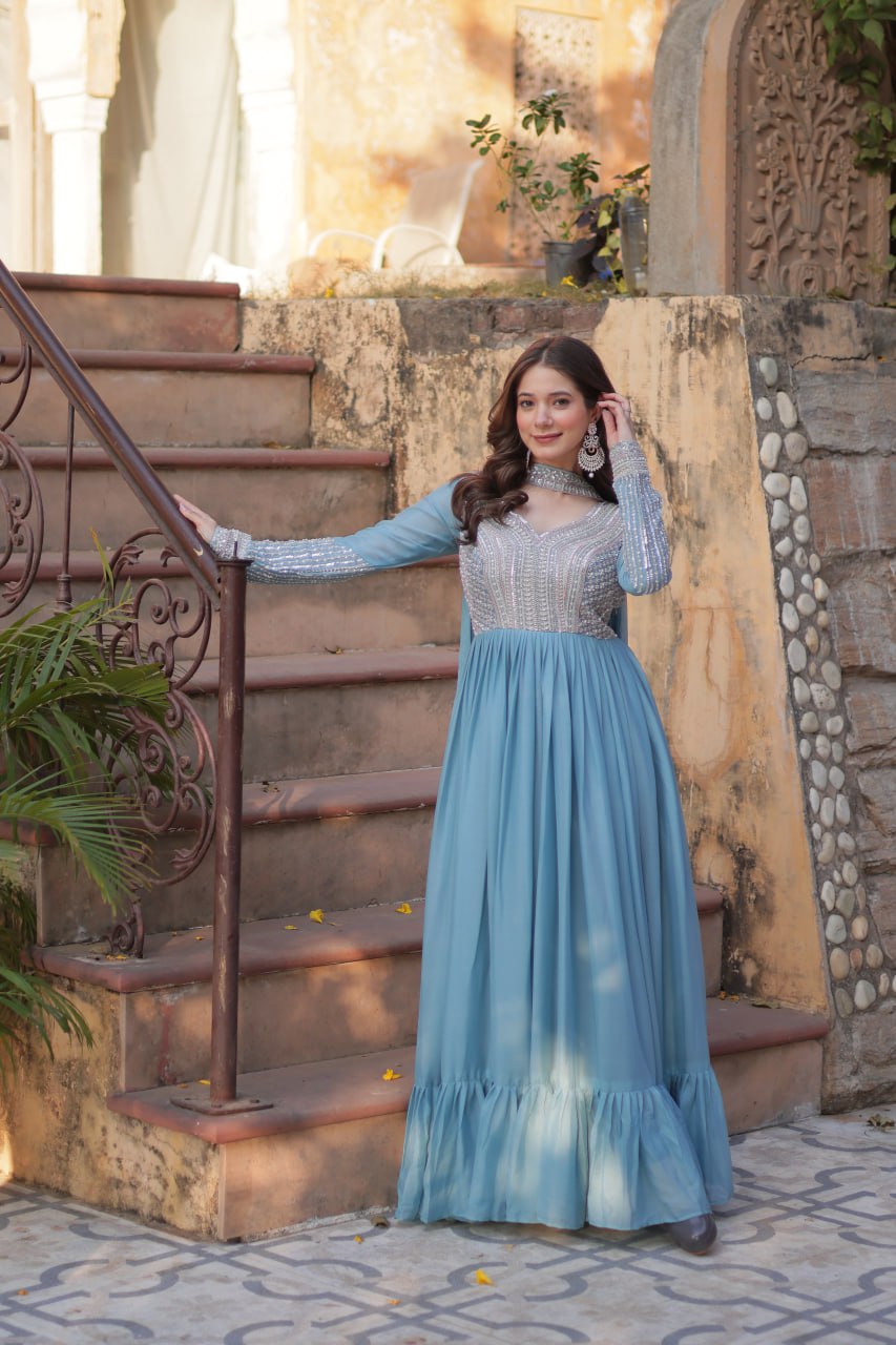 Sky Blue Premium Designer Readymade Gown with Dupatta
