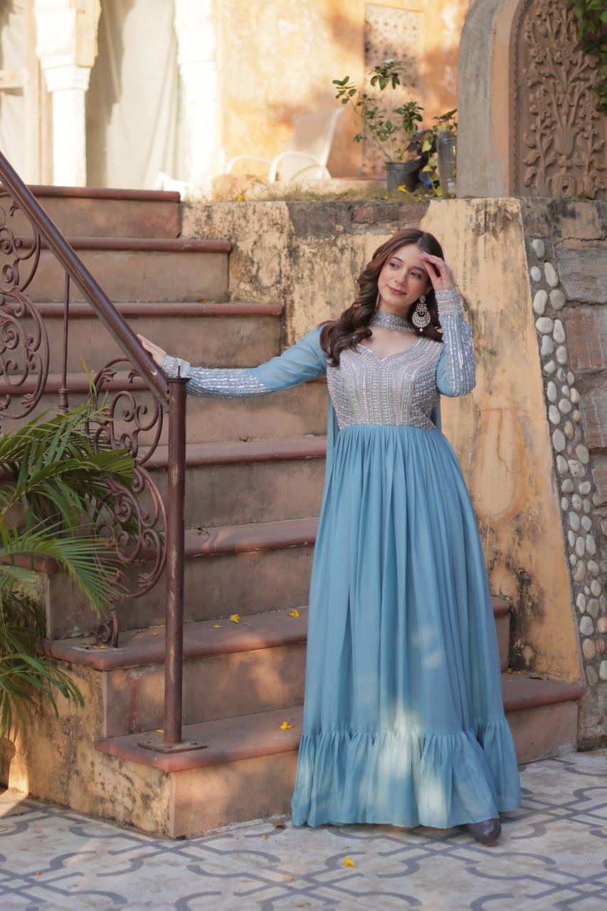 Sky Blue Premium Designer Readymade Gown with Dupatta