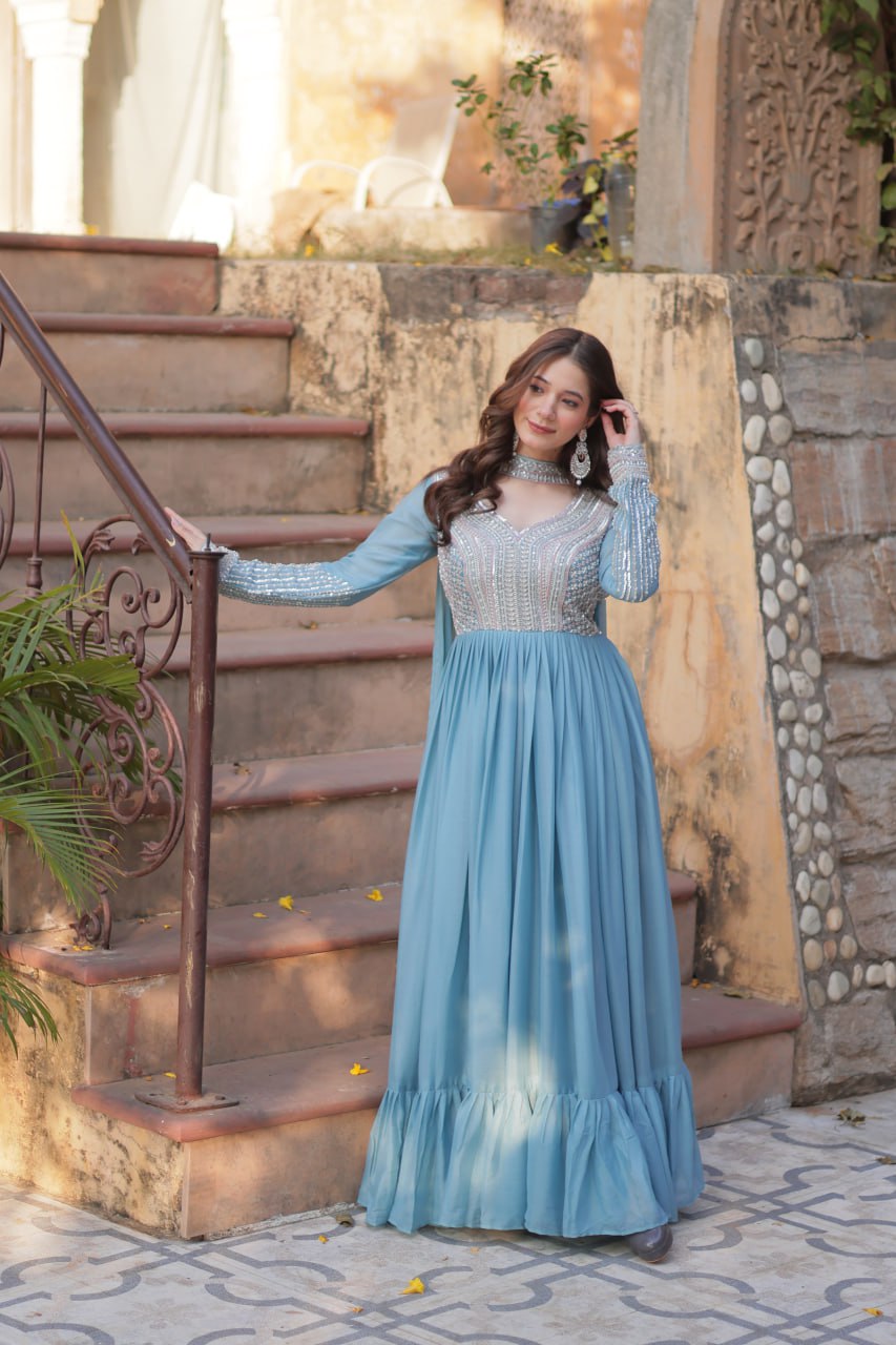 Sky Blue Premium Designer Readymade Gown with Dupatta