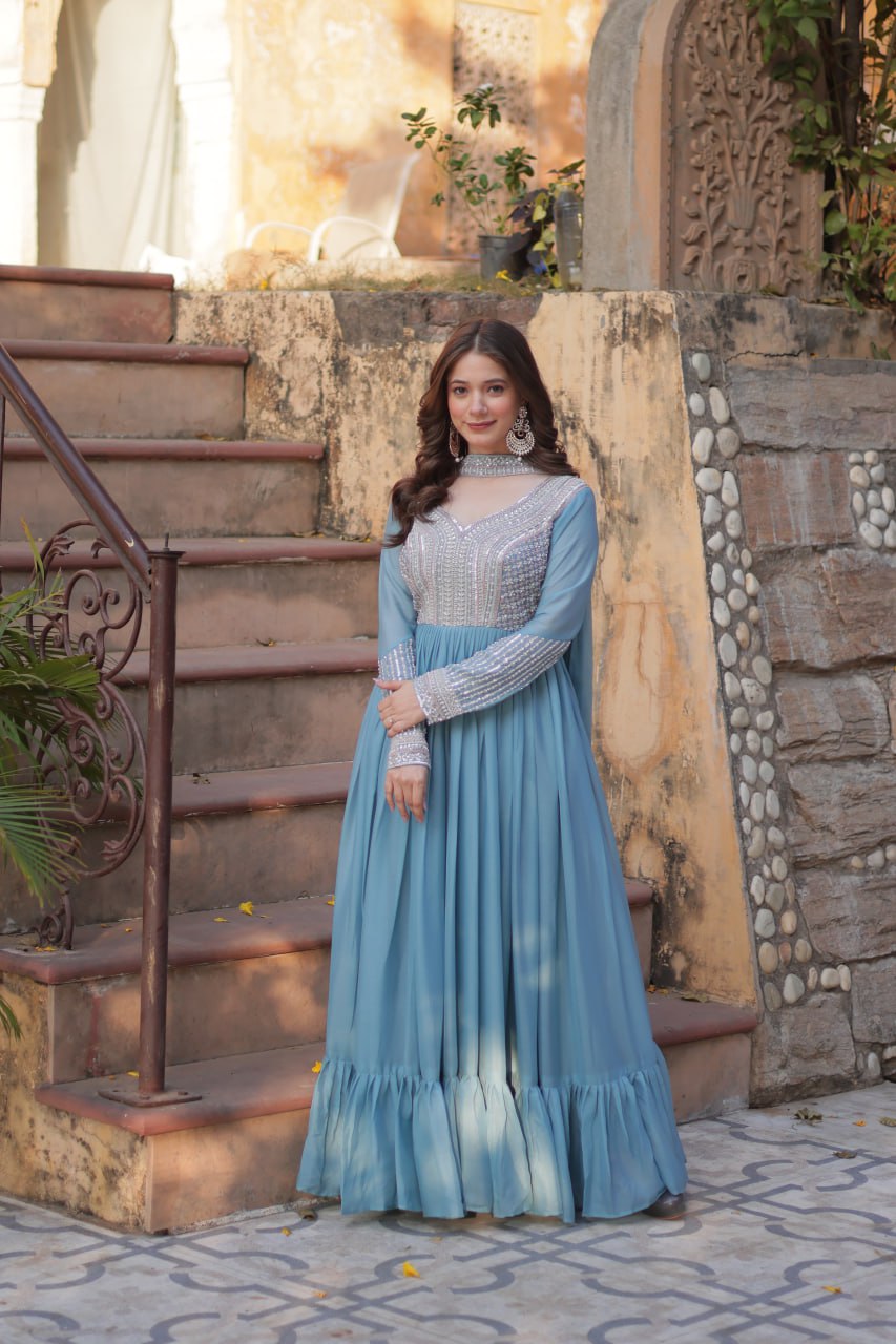 Sky Blue Premium Designer Readymade Gown with Dupatta