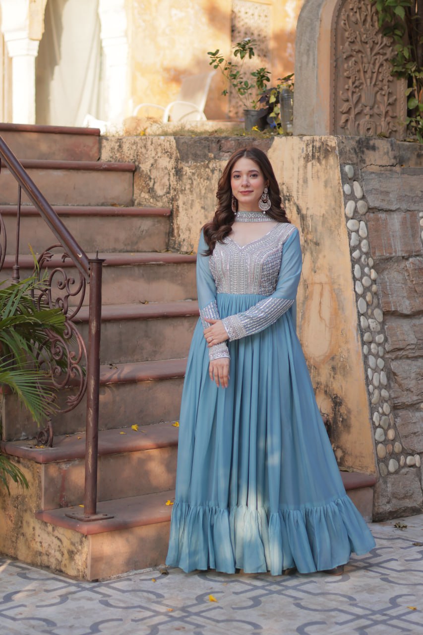 Sky Blue Premium Designer Readymade Gown with Dupatta