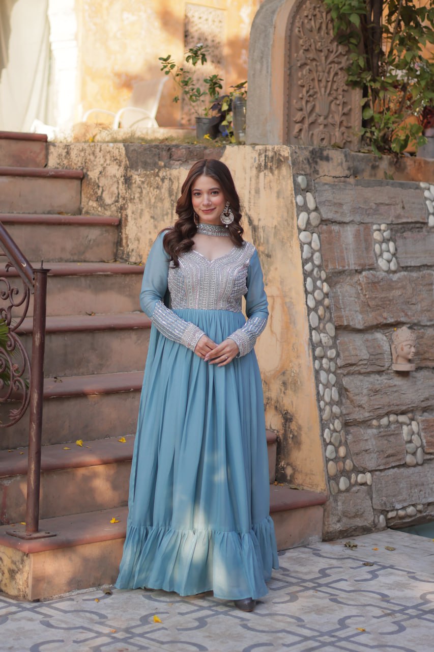 Sky Blue Premium Designer Readymade Gown with Dupatta