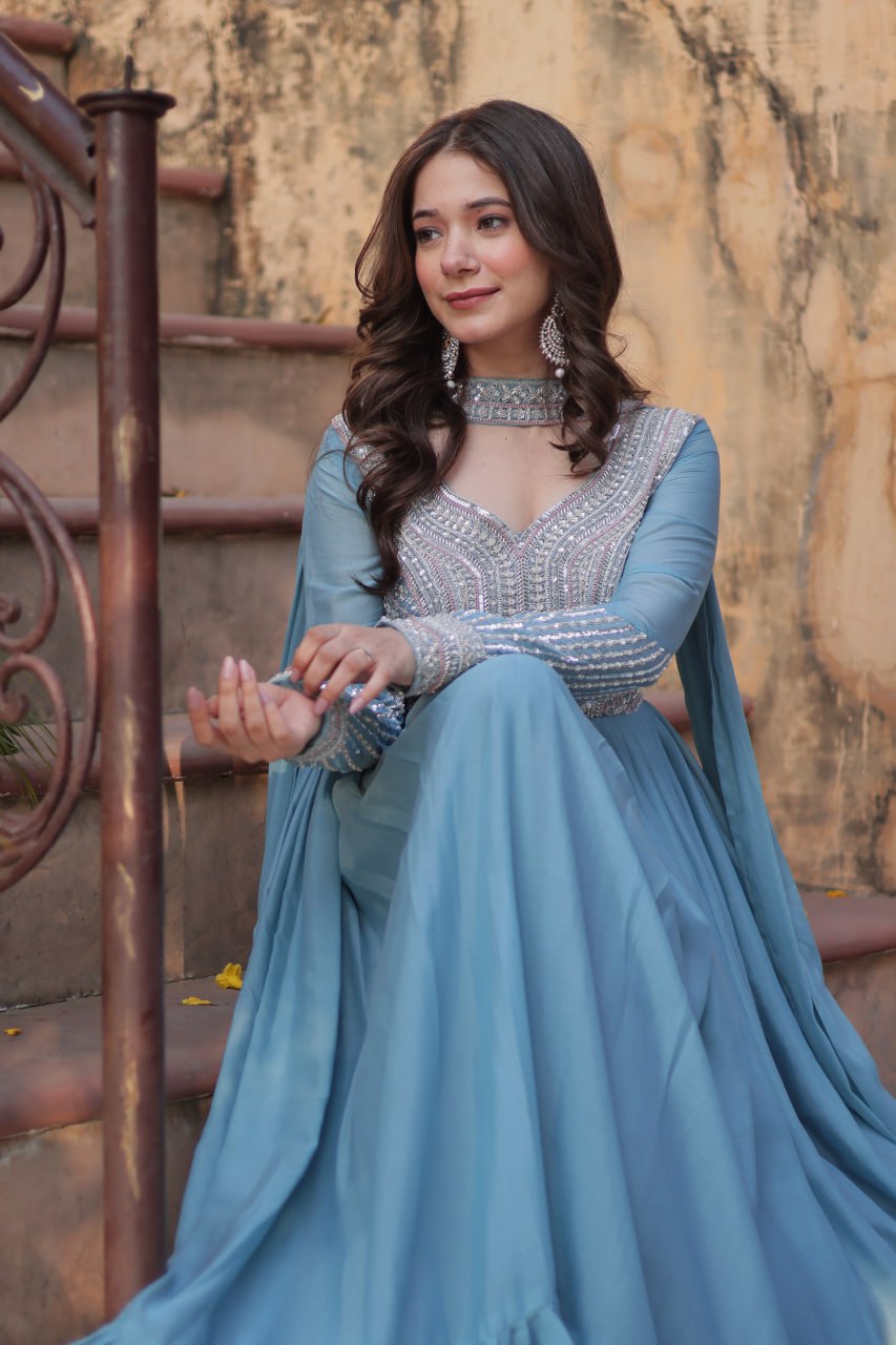 Sky Blue Premium Designer Readymade Gown with Dupatta