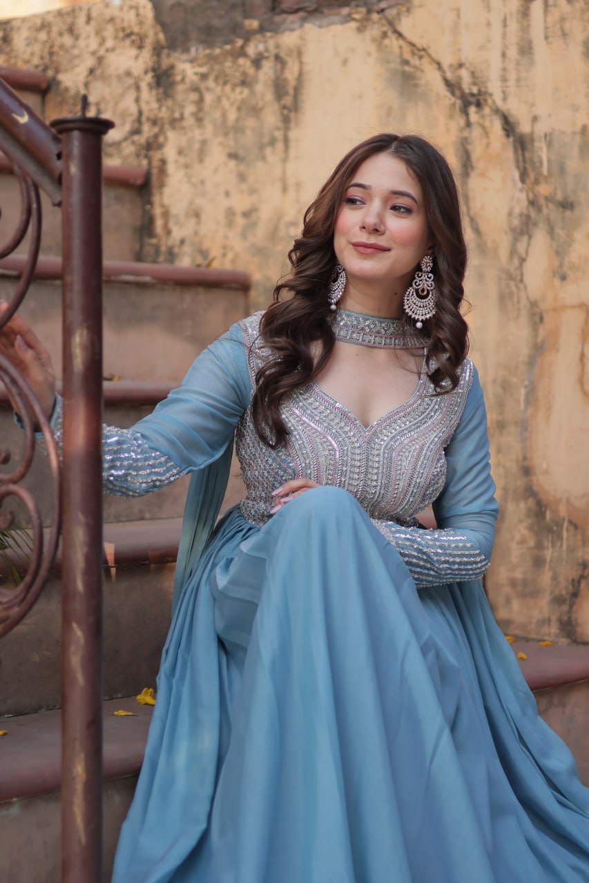 Sky Blue Premium Designer Readymade Gown with Dupatta