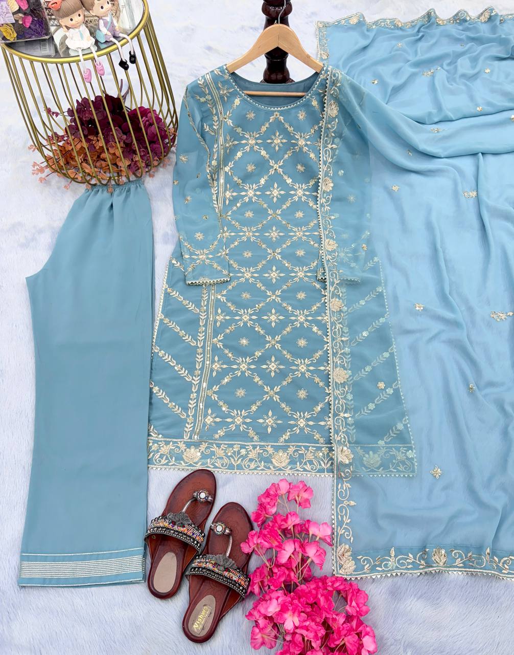 Sky Blue Premium Designer Readymade Top, Palazzo & Dupatta Collection – Party Wear Set