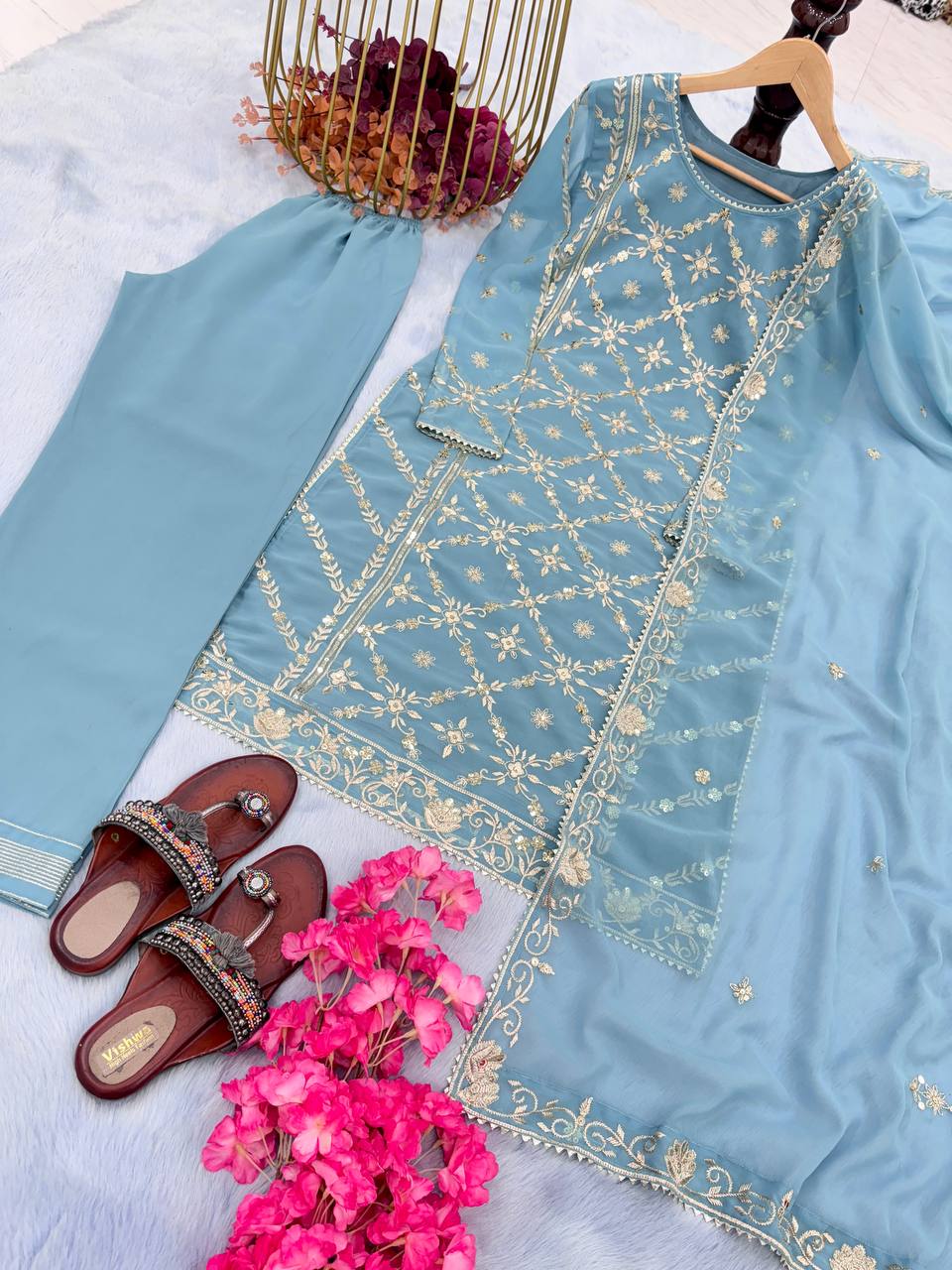 Sky Blue Premium Designer Readymade Top, Palazzo & Dupatta Collection – Party Wear Set