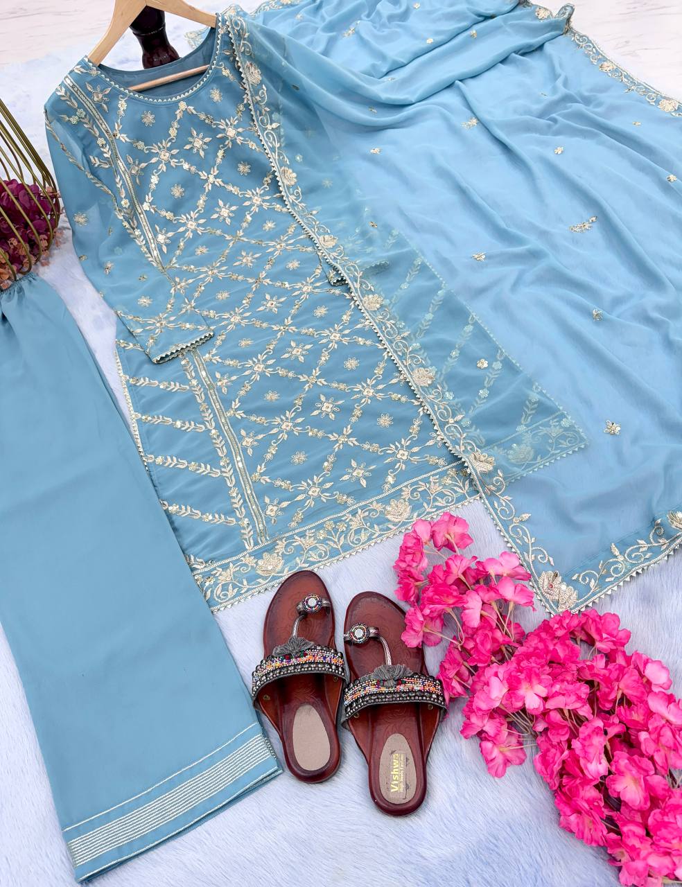 Sky Blue Premium Designer Readymade Top, Palazzo & Dupatta Collection – Party Wear Set