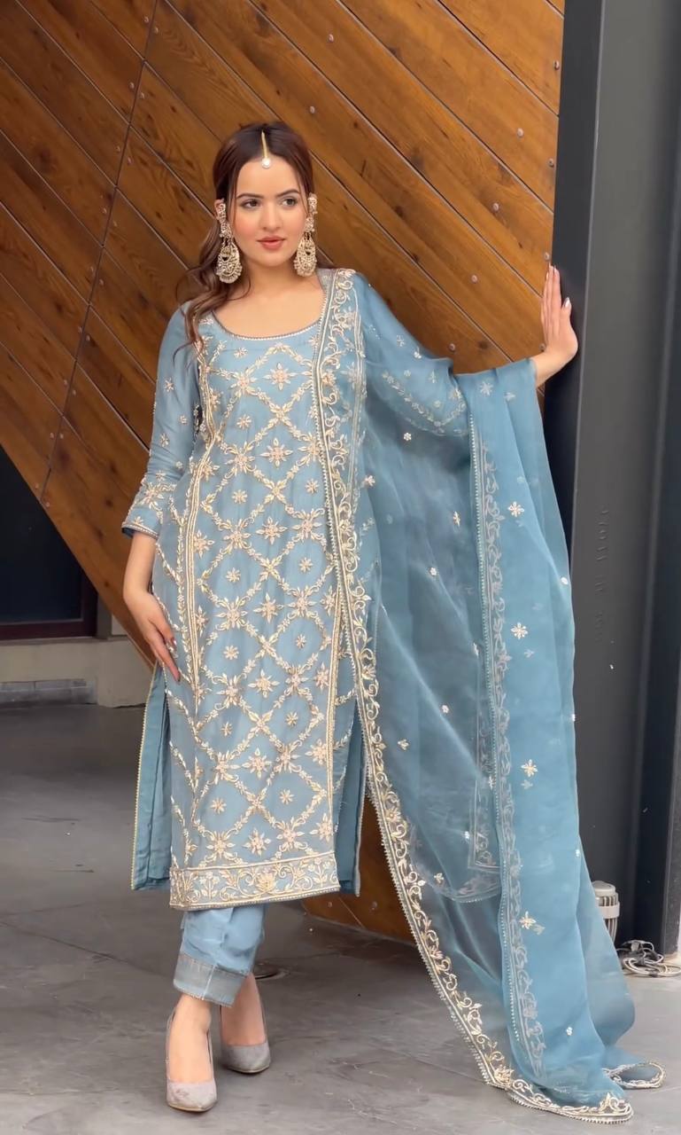Sky Blue Premium Designer Readymade Top, Palazzo & Dupatta Collection – Party Wear Set