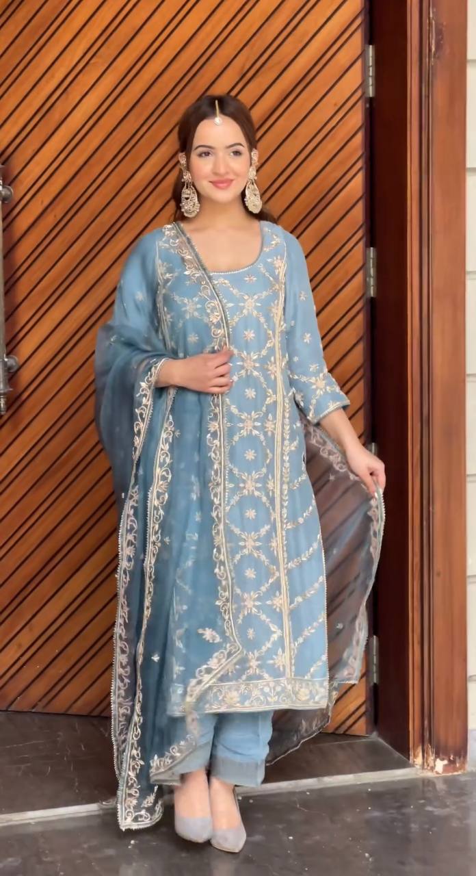 Sky Blue Premium Designer Readymade Top, Palazzo & Dupatta Collection – Party Wear Set