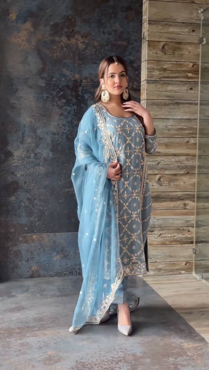 Sky Blue Premium Designer Readymade Top, Palazzo & Dupatta Collection – Party Wear Set