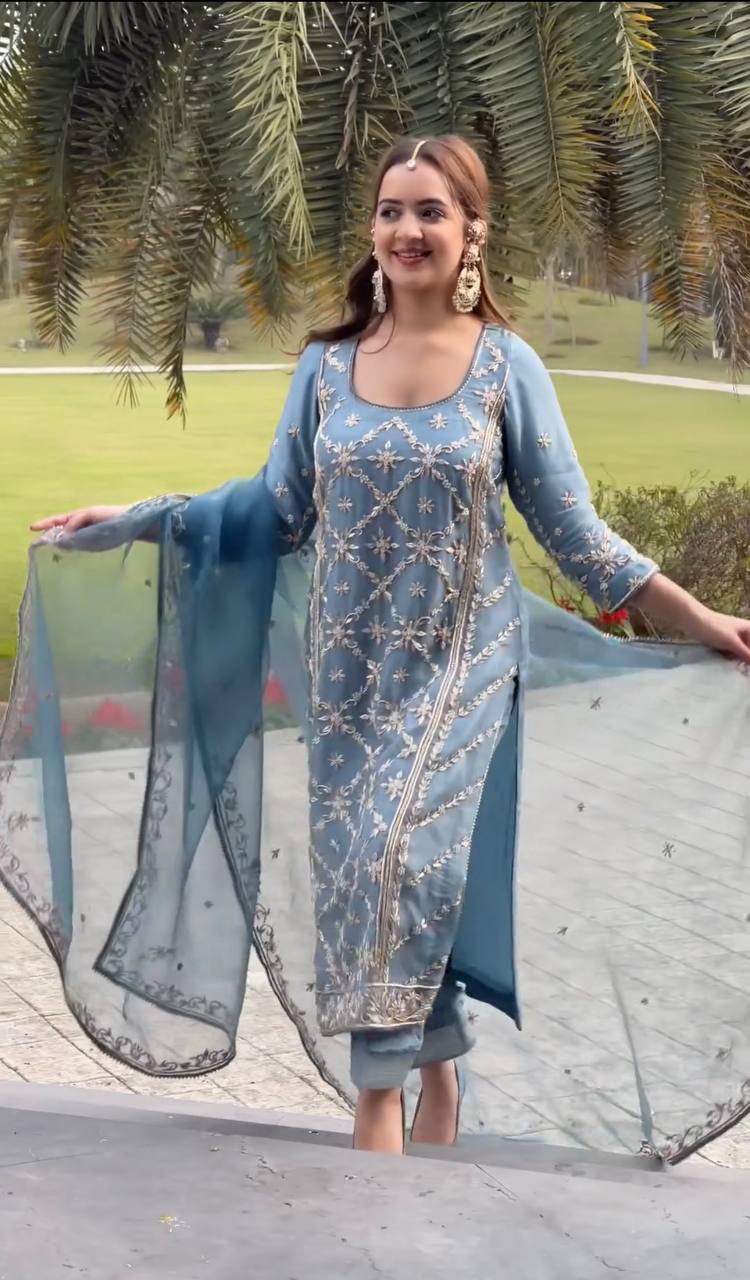 Sky Blue Premium Designer Readymade Top, Palazzo & Dupatta Collection – Party Wear Set