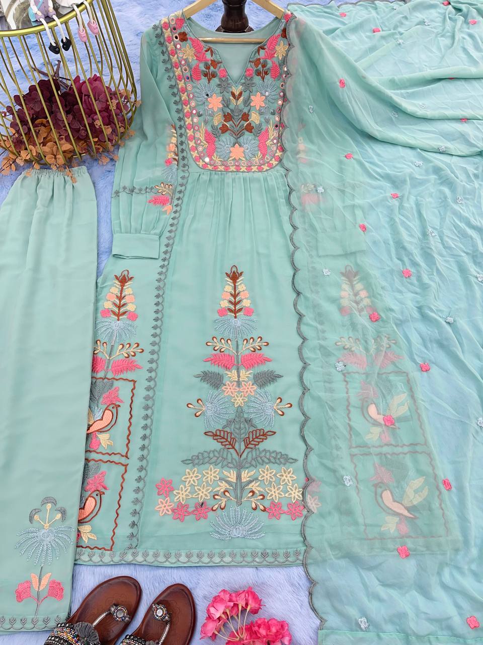 Sky Blue Premium Designer Readymade Top, Palazzo & Dupatta Set