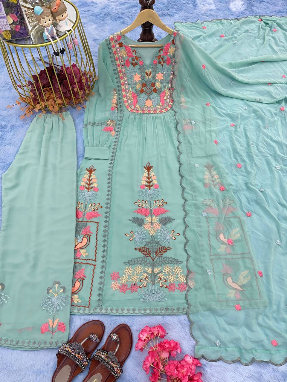 Sky Blue Premium Designer Readymade Top, Palazzo & Dupatta Set