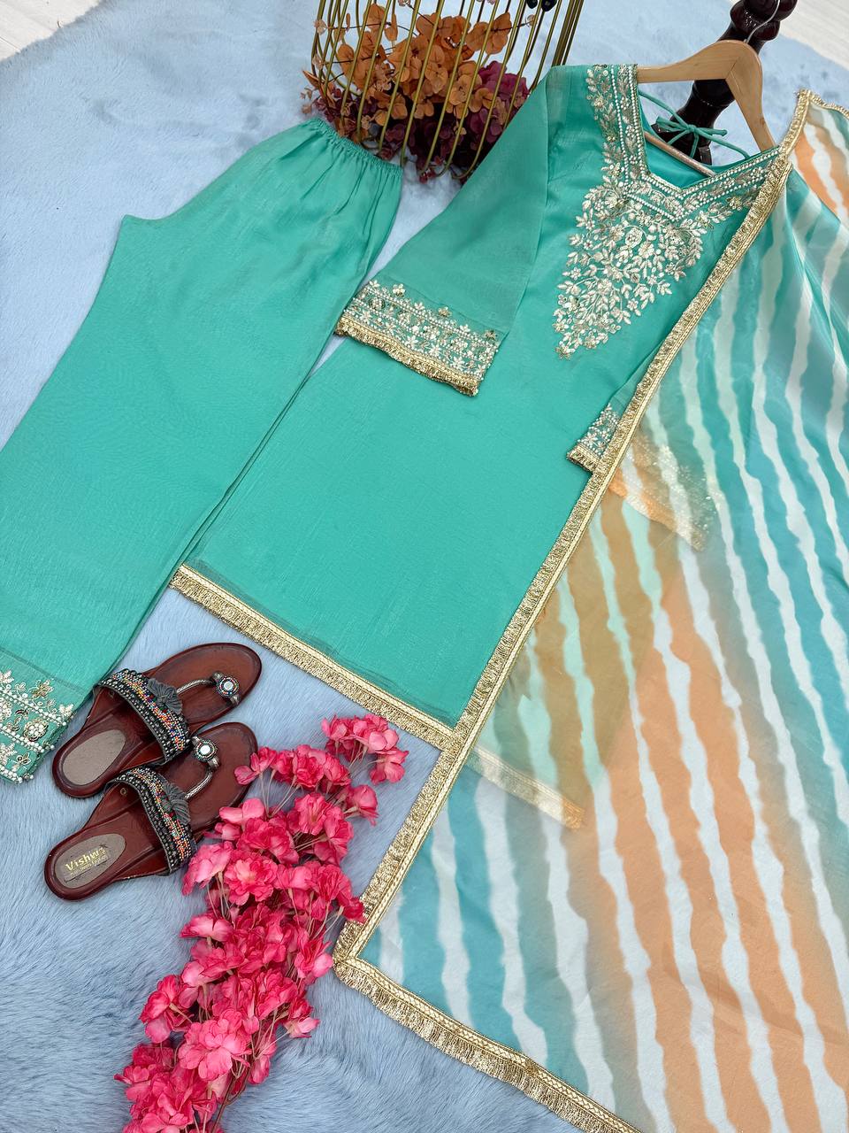 Sky Blue Premium Designer Readymade Top, Plazzo & Dupatta Collection