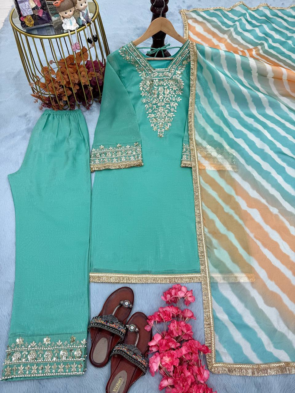 Sky Blue Premium Designer Readymade Top, Plazzo & Dupatta Collection