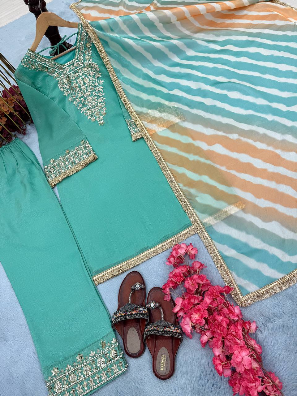 Sky Blue Premium Designer Readymade Top, Plazzo & Dupatta Collection