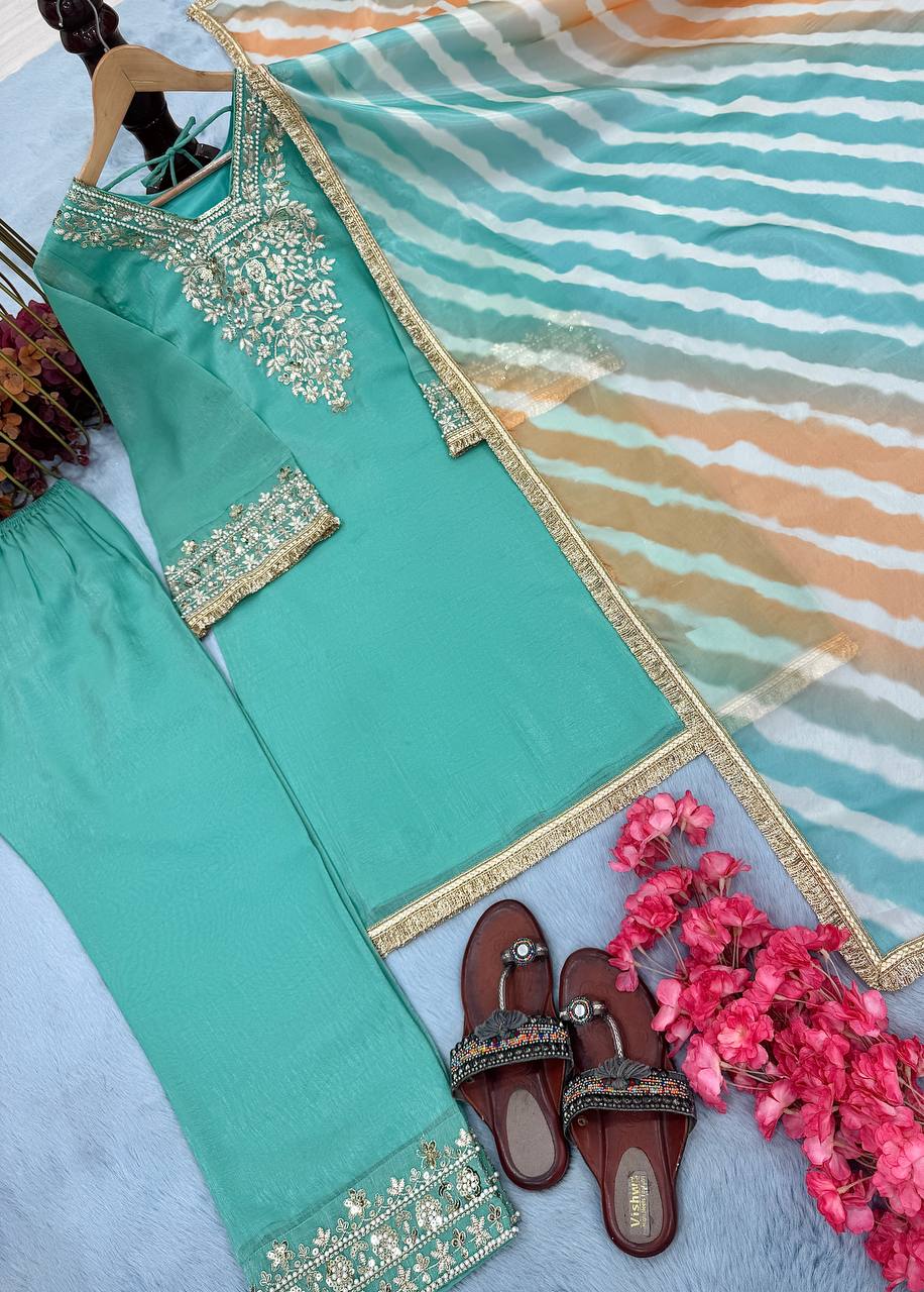 Sky Blue Premium Designer Readymade Top, Plazzo & Dupatta Collection