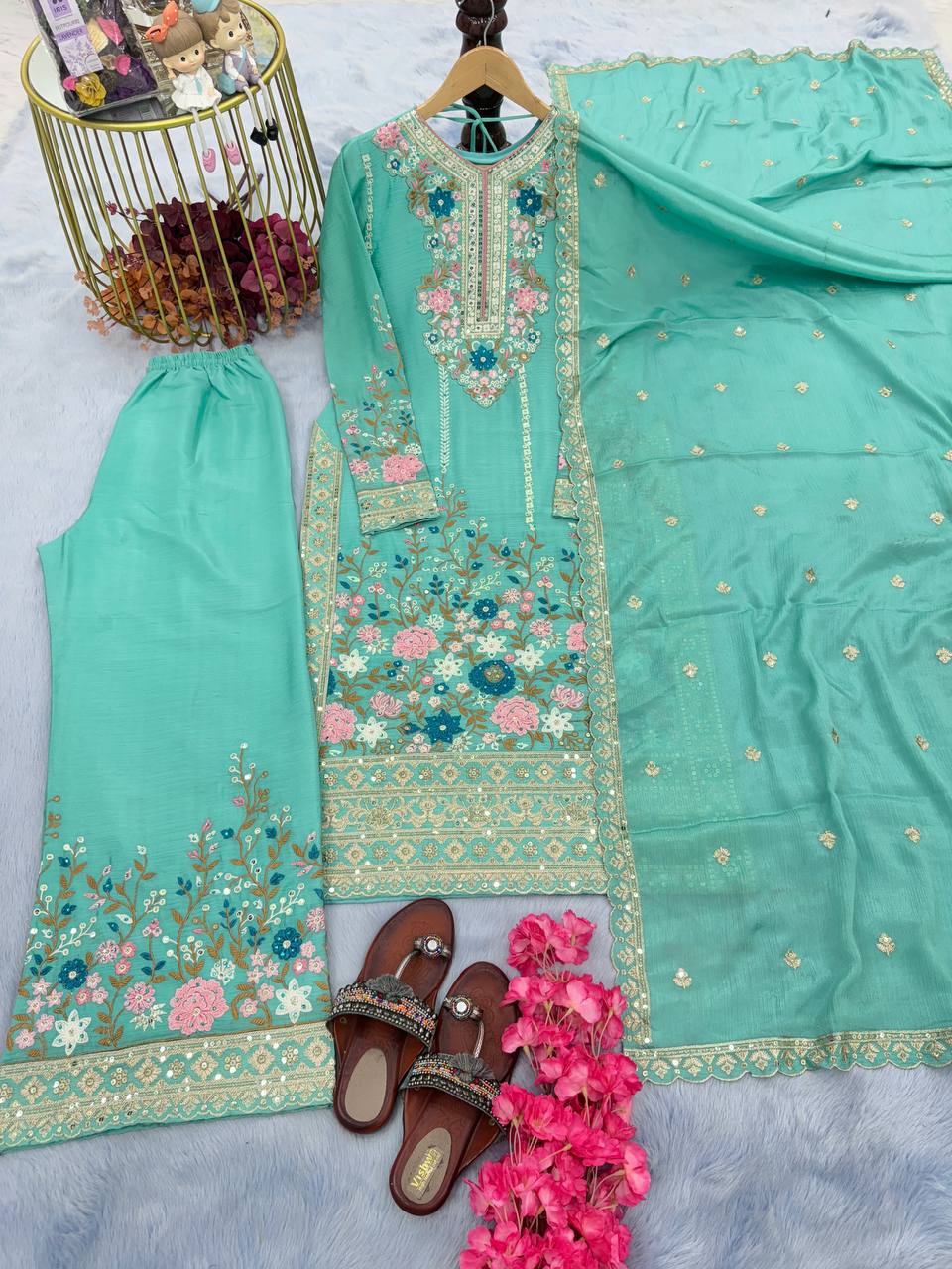 Sky Blue Premium Designer Readymade Top Plazzo Set with Dupatta