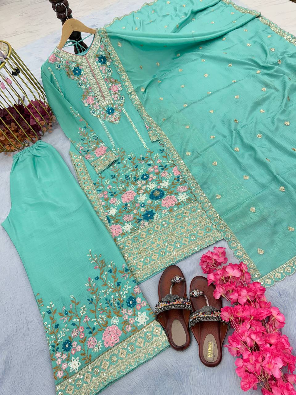 Sky Blue Premium Designer Readymade Top Plazzo Set with Dupatta