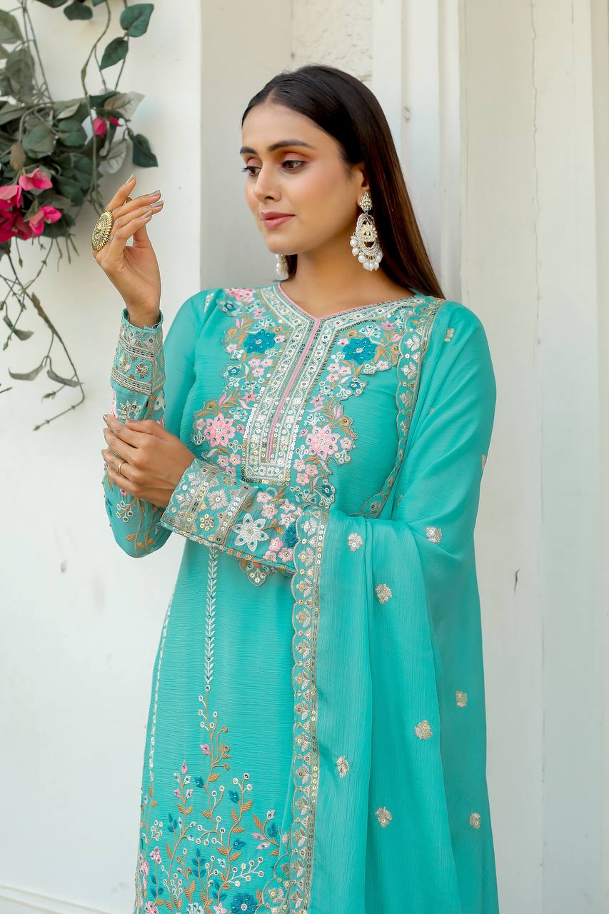 Sky Blue Premium Designer Readymade Top Plazzo Set with Dupatta
