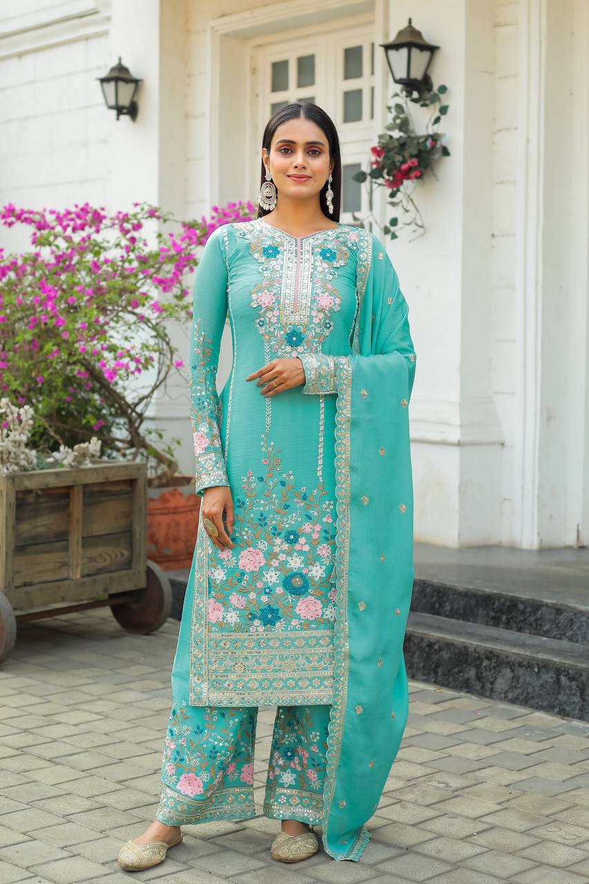 Sky Blue Premium Designer Readymade Top Plazzo Set with Dupatta