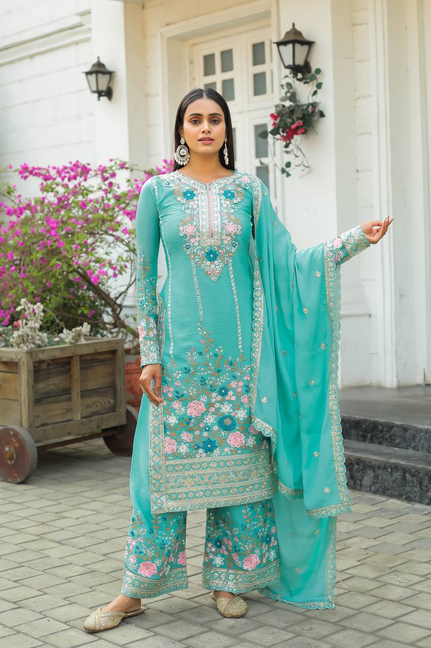 Sky Blue Premium Designer Readymade Top Plazzo Set with Dupatta