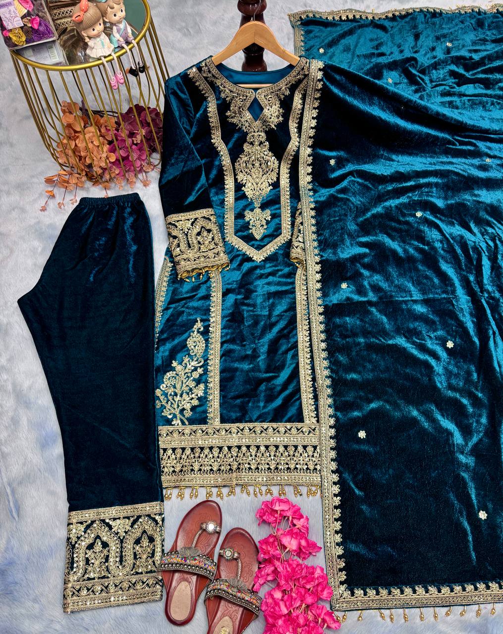 Teal Blue Premium Designer Readymade Viscose Velvet Top, Plazzo & Dupatta Set – Party Wear Elegance