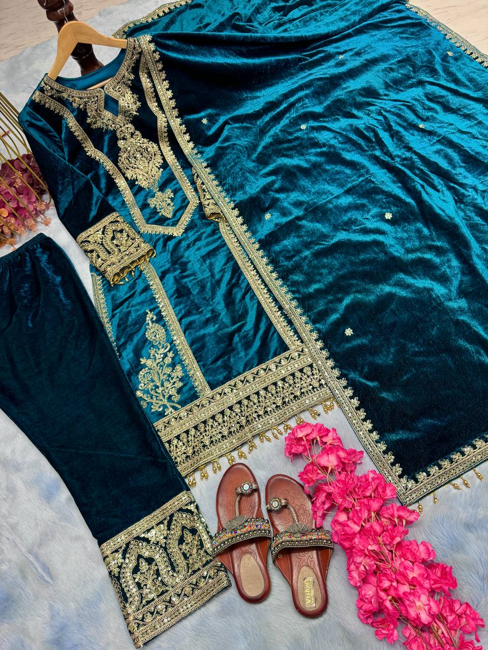 Teal Blue Premium Designer Readymade Viscose Velvet Top, Plazzo & Dupatta Set – Party Wear Elegance