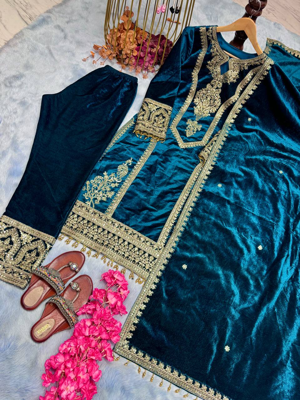 Teal Blue Premium Designer Readymade Viscose Velvet Top, Plazzo & Dupatta Set – Party Wear Elegance