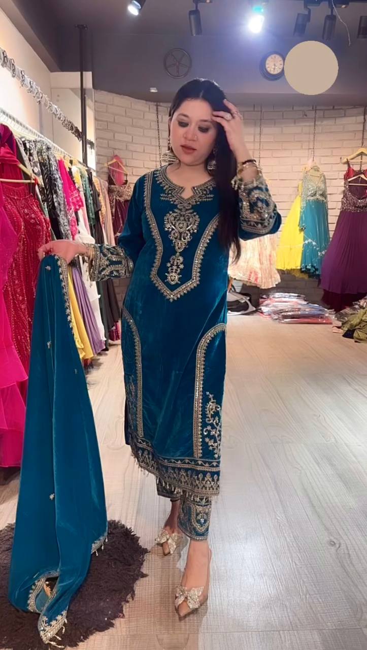 Teal Blue Premium Designer Readymade Viscose Velvet Top, Plazzo & Dupatta Set – Party Wear Elegance