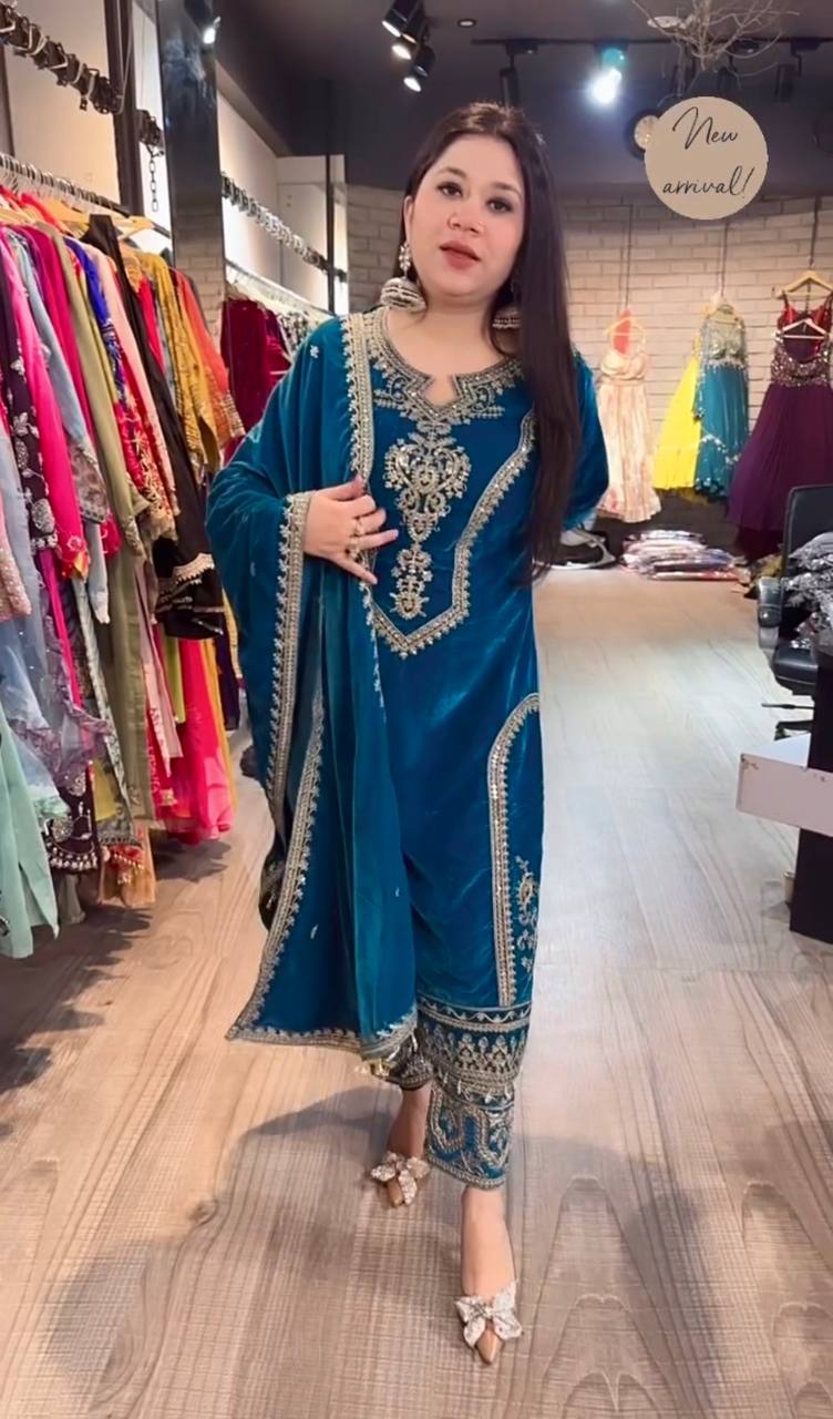 Teal Blue Premium Designer Readymade Viscose Velvet Top, Plazzo & Dupatta Set – Party Wear Elegance