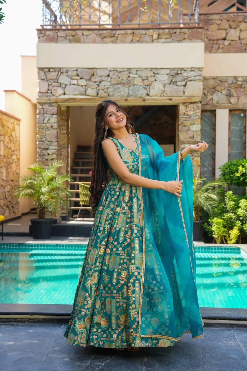 Sky Blue Premium Digital Printed Organza Anarkali Gown Set with Designer Dupatta