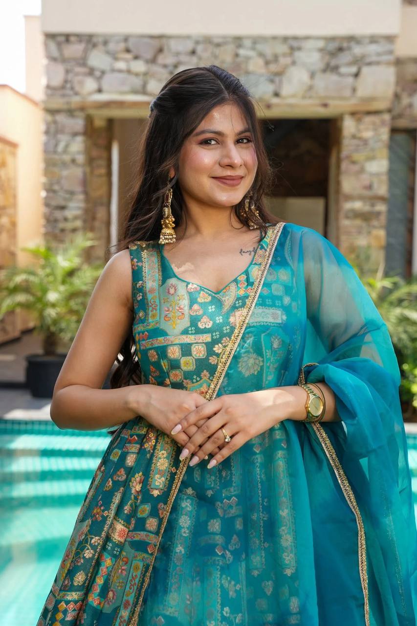 Sky Blue Premium Digital Printed Organza Anarkali Gown Set with Designer Dupatta