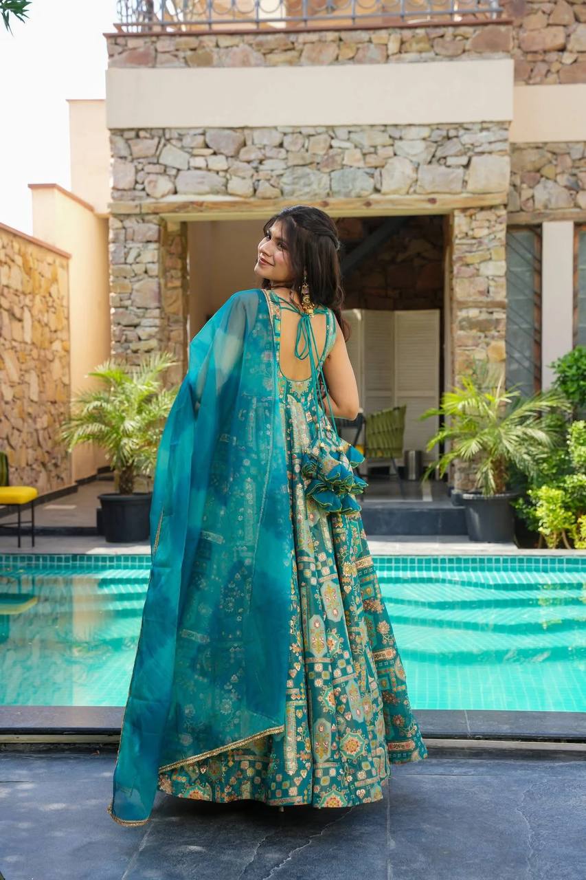 Sky Blue Premium Digital Printed Organza Anarkali Gown Set with Designer Dupatta