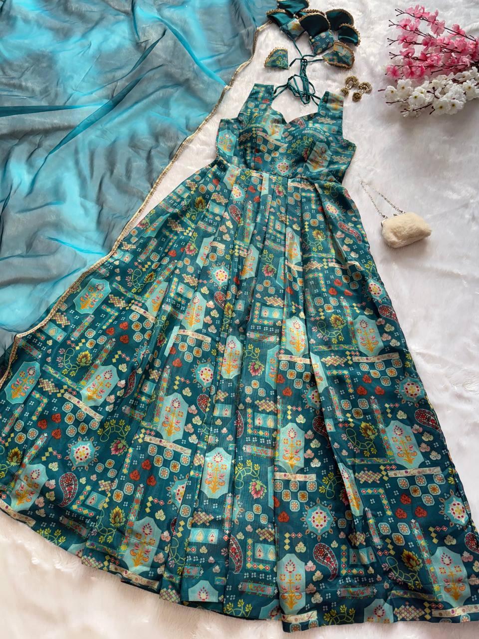 Sky Blue Premium Digital Printed Organza Anarkali Gown Set with Designer Dupatta