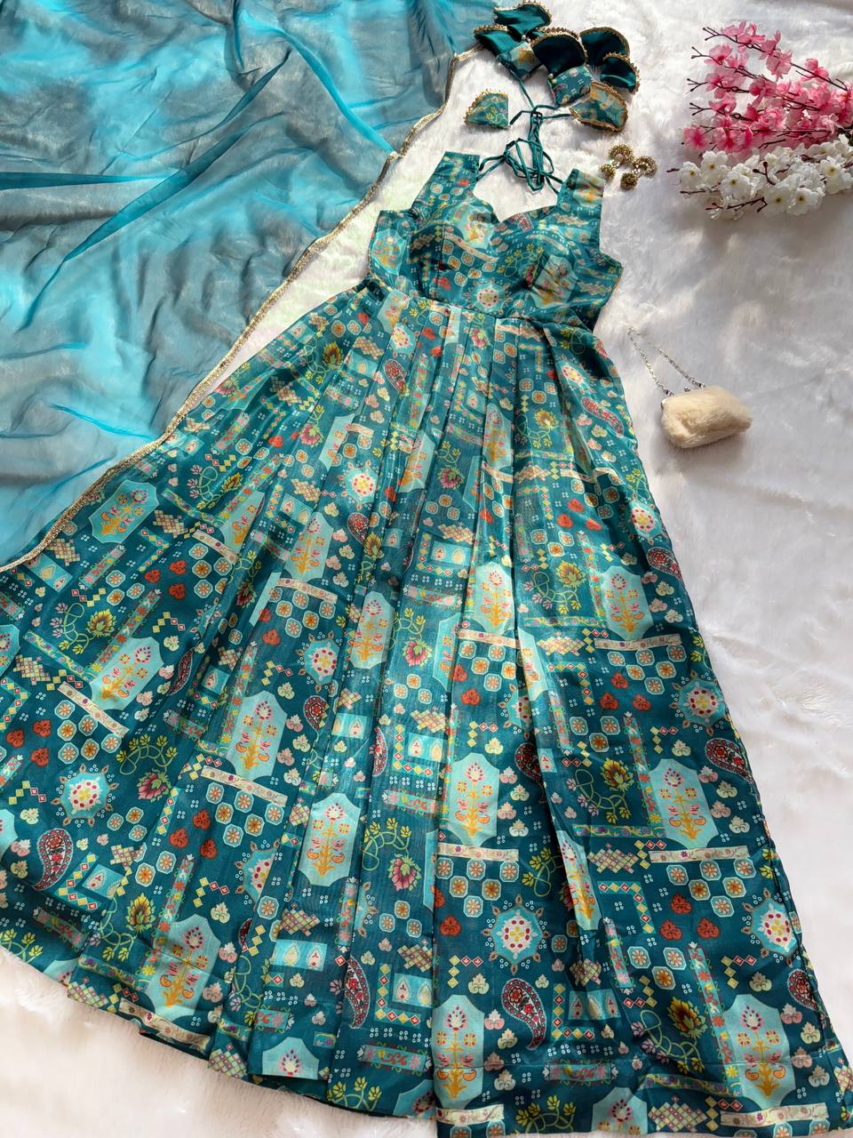 Sky Blue Premium Digital Printed Organza Anarkali Gown Set with Designer Dupatta