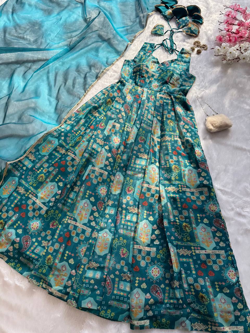 Sky Blue Premium Digital Printed Organza Anarkali Gown Set with Designer Dupatta