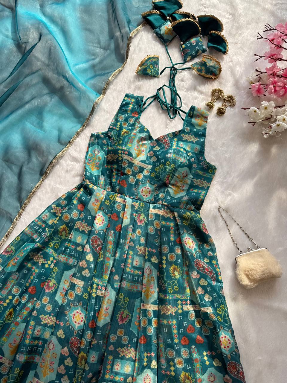 Sky Blue Premium Digital Printed Organza Anarkali Gown Set with Designer Dupatta