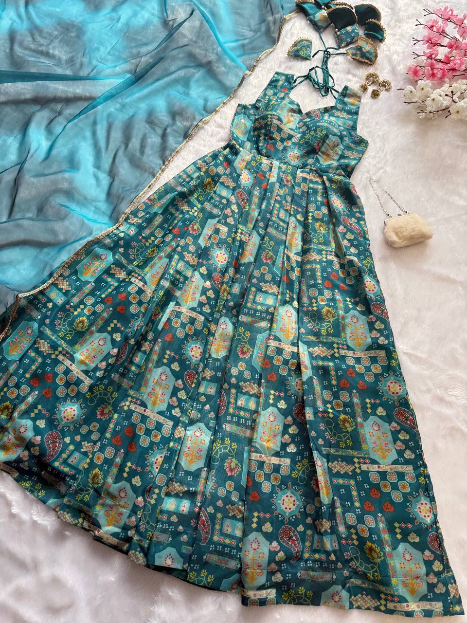 Sky Blue Premium Digital Printed Organza Anarkali Gown Set with Designer Dupatta